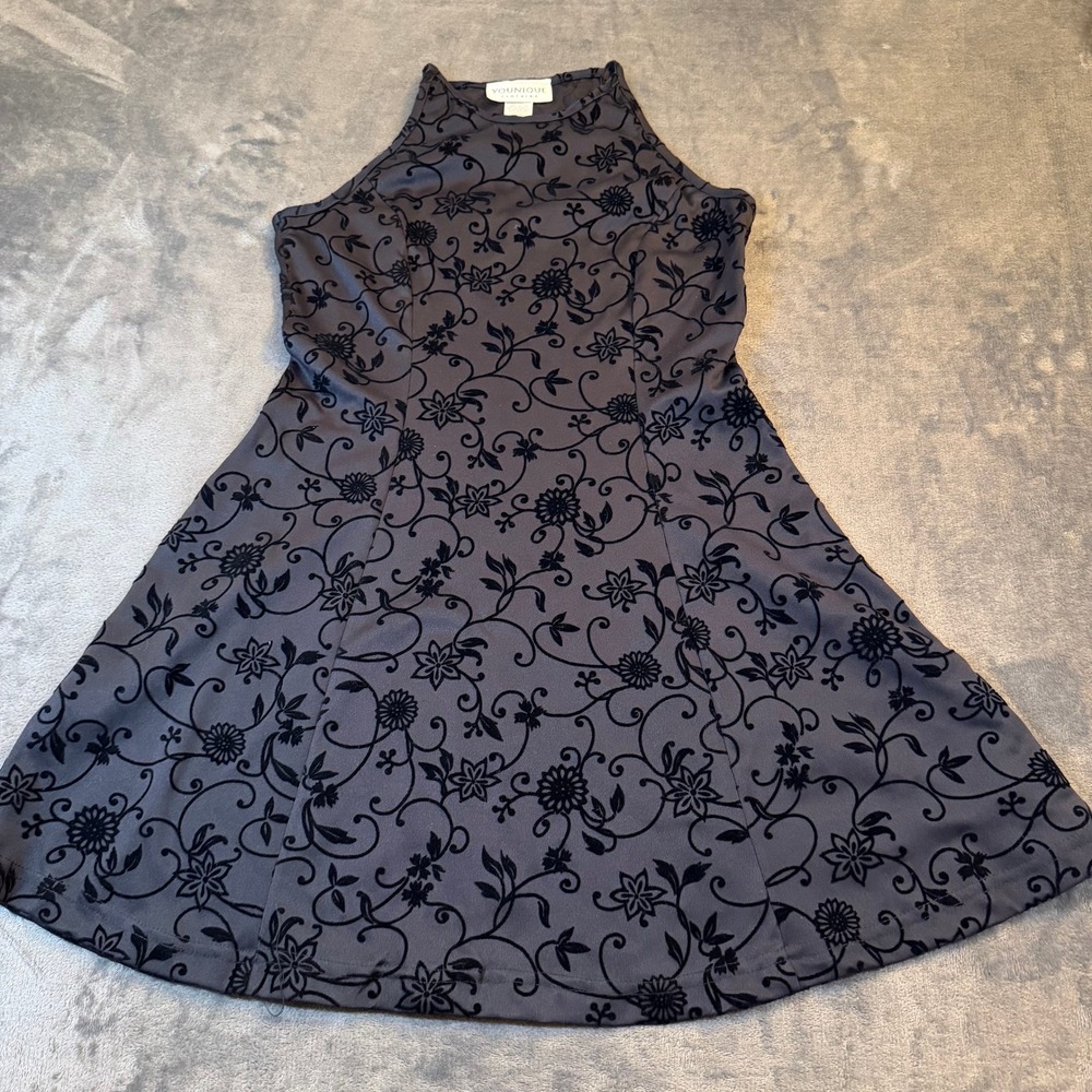 Younique Clothing Flocked Floral Dress Womens Medium Black High Neck Vintage